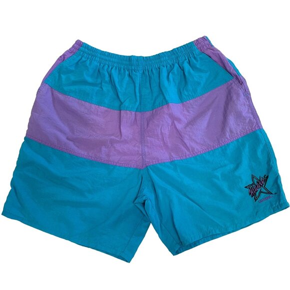 Vintage 80s Swim Trunks Shorts Converse Magic Johnson Collab L Teal Purple Lined - Picture 11 of 14